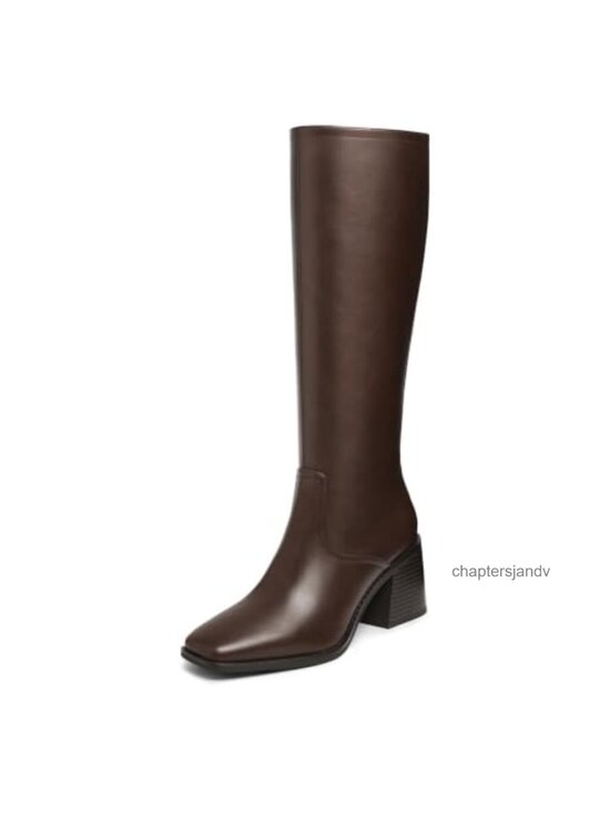 Shoes - Square Toe Knee High Boots Chunky Heel Faux Leather Tall Boots
